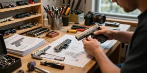 Custom Glock slides from https://precisionglockslides.com showcased in a dynamic workshop setting, highlighting precision tools and craftsmanship.