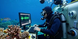 Hydrophone equipment in use for marine sound research underwater