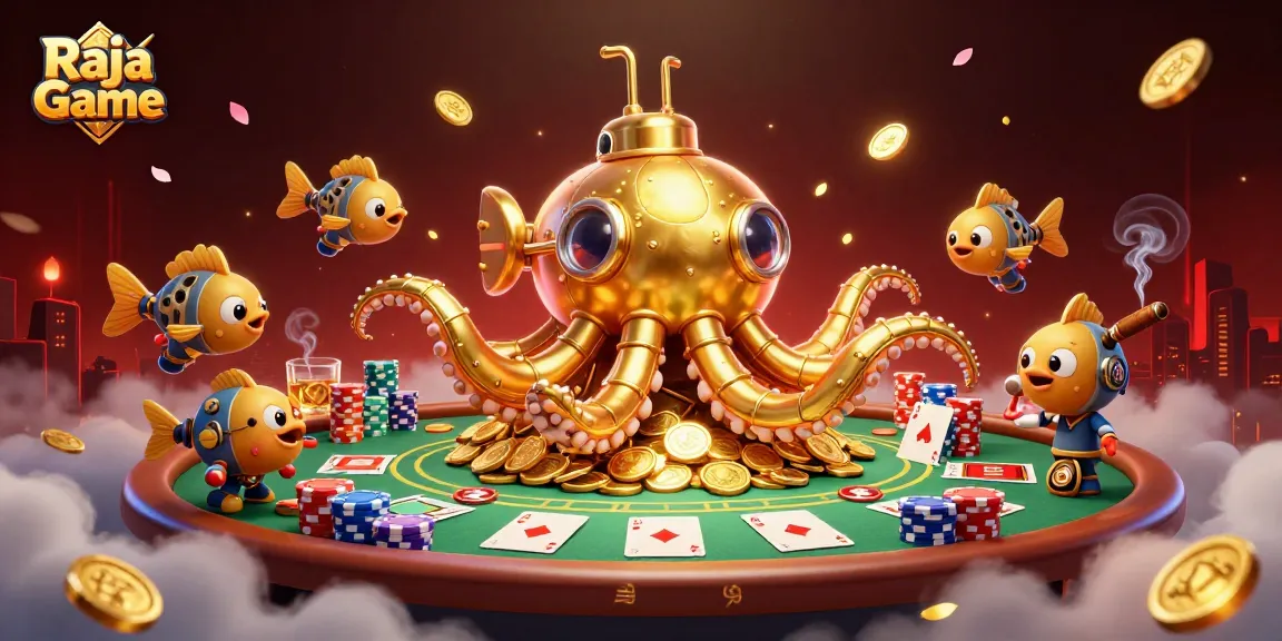 Play exciting games with Raja Game featuring a golden kraken submarine and vibrant poker elements.