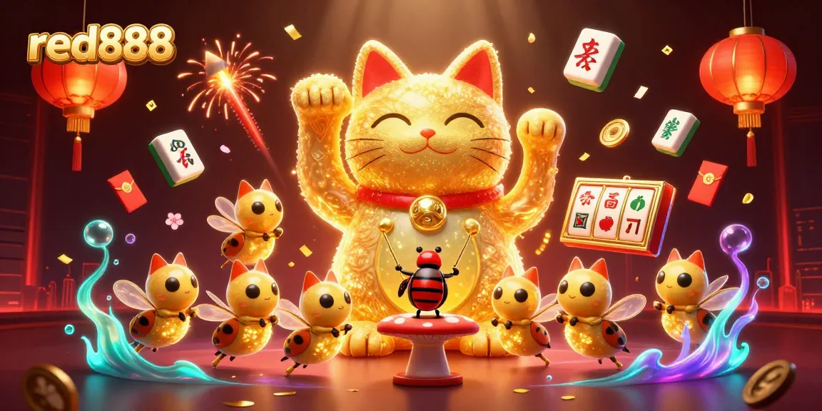 Engaging red888 casino scene showcasing golden fireflies as a lucky cat among slot symbols.
