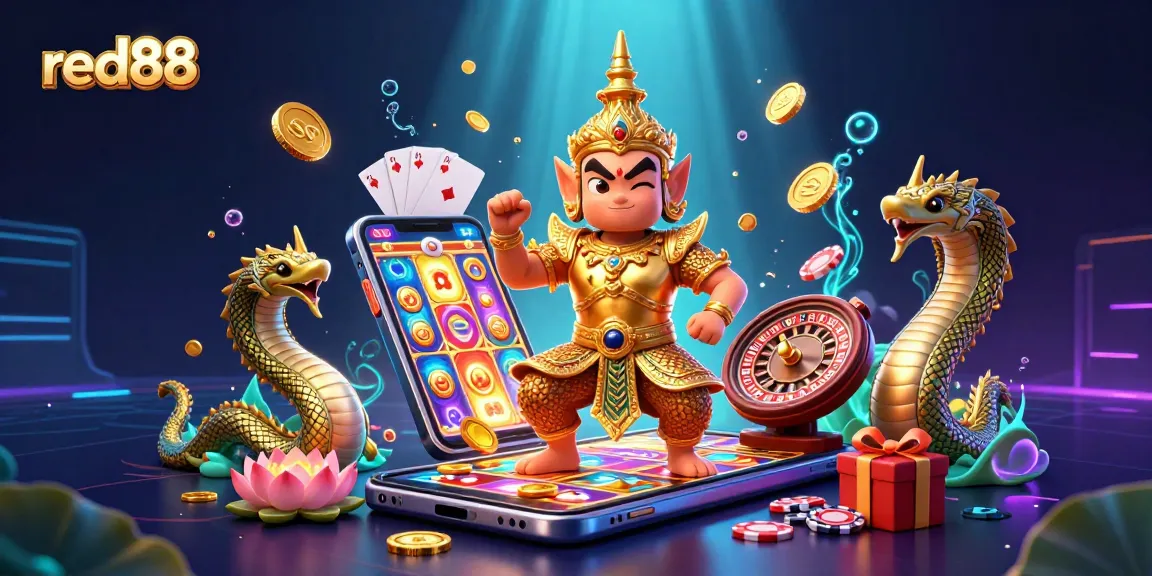 Engage in exciting gameplay with red88 showcasing a 3D Thai guardian amidst casino elements.