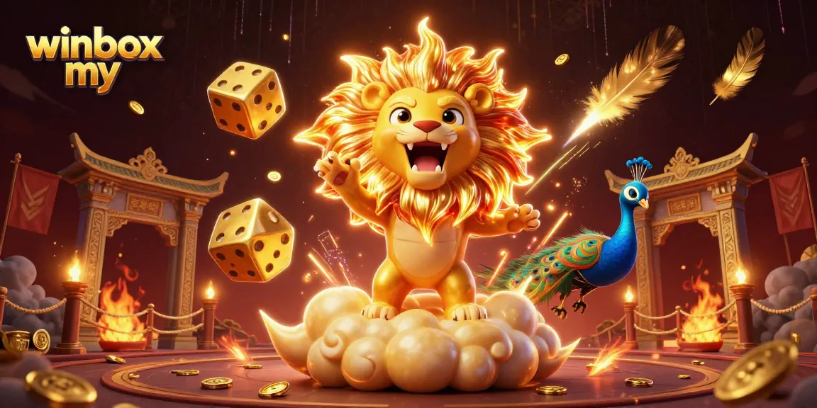 Winbox my players enjoy an exciting online casino experience with a roaring lion and floating dice.