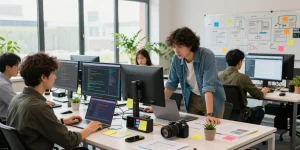 Developer collaboration in a vibrant workspace for 纸飞机中文版官网 software strategies