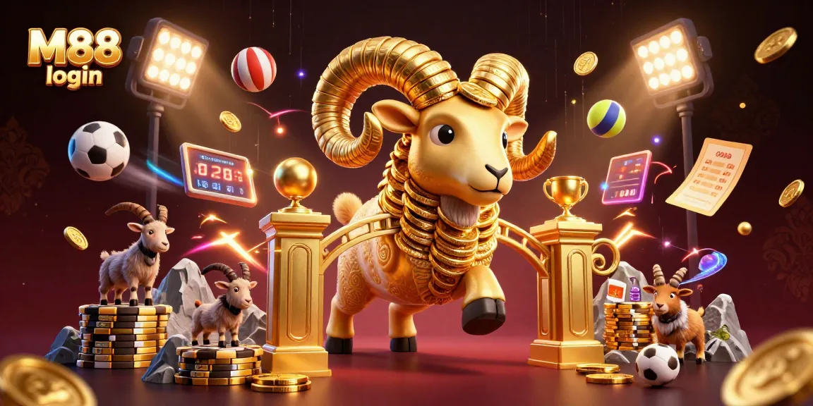 Experience M88 login with vibrant 3D elements depicting thrilling sports betting action.