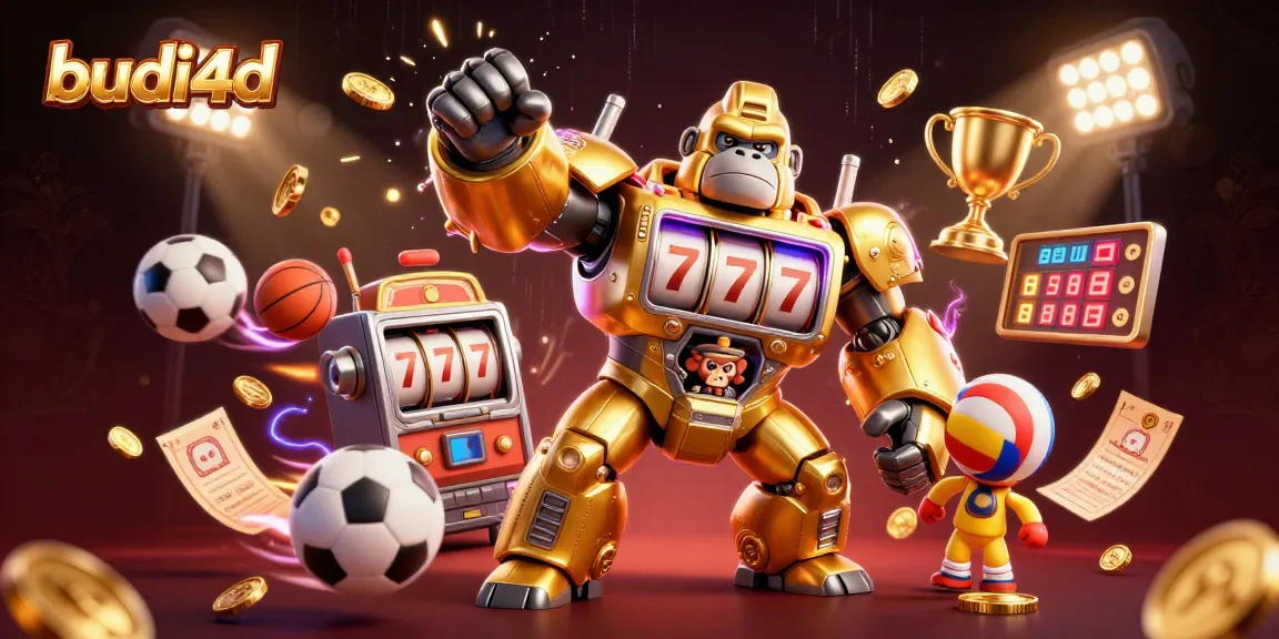 Engage with the exciting budi4d gaming experience featuring a dynamic golden gorilla mech and thrilling sports elements.