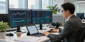 Analyst reviewing financial crime intelligence data in a modern office.