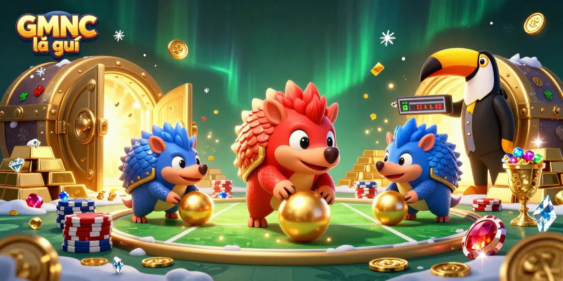 Engaging 3D scene with pangolins and poker chips showcasing GMNC là gì in a vibrant casino atmosphere.