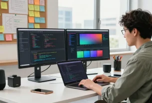 Dynamic workspace showcasing 截图软件下载 with dual monitors, vibrant post-it notes, and a focused developer.