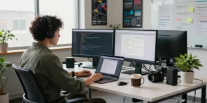 Dynamic tech workspace with a developer coding, focusing on 纸飞机中文版官网 application in a vibrant office.