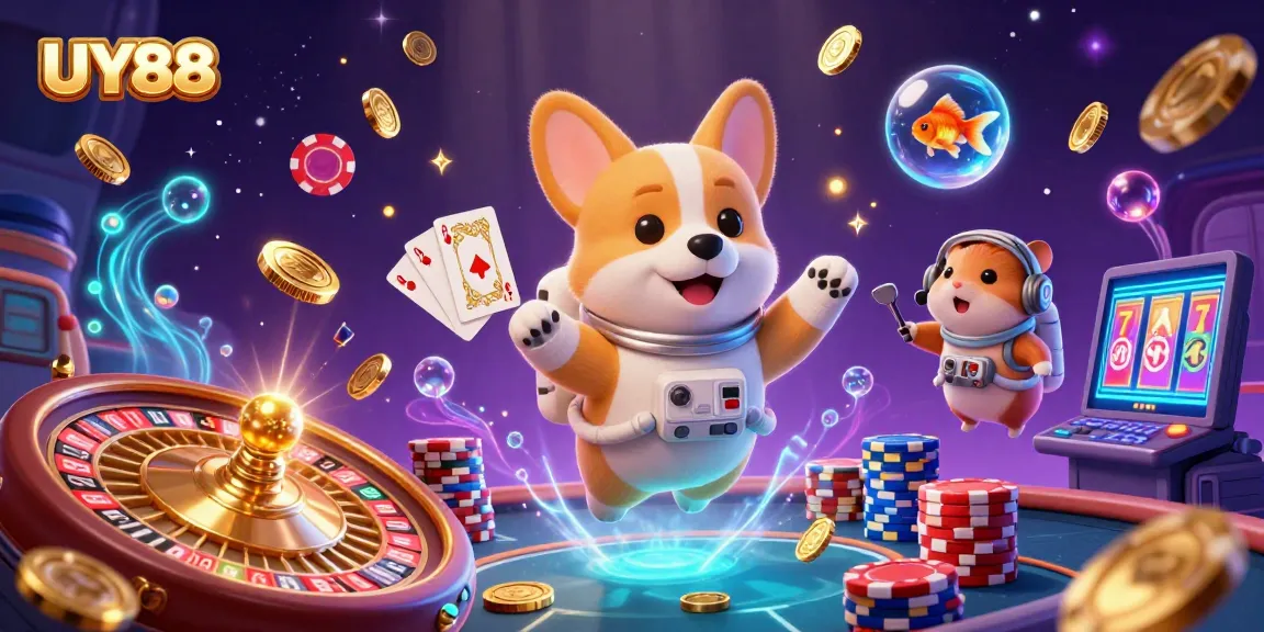 Experience thrilling gameplay with UY88 as the cartoon corgi astronaut engages in an exhilarating space casino adventure.