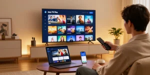 Experience Iron TV Pro on Smart TV with an engaging lifestyle scene showcasing streaming options and cozy home atmosphere.