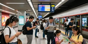 Live subway service alerts displayed at a busy urban subway station with diverse commuters checking their devices.