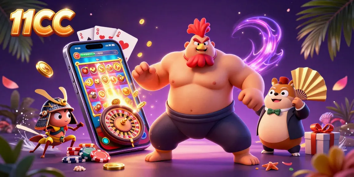Engage with the vibrant 11CC casino world, featuring a dynamic cartoon sumo wrestler and samurai cricket.
