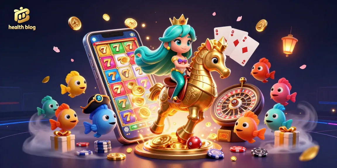 Engaging scene from a health blog featuring a mermaid princess in a casino, vibrant slot machines, and casino games.