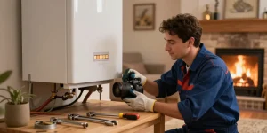 Bedford heating engineer inspecting a residential boiler installation, ensuring optimal warmth and safety in homes.