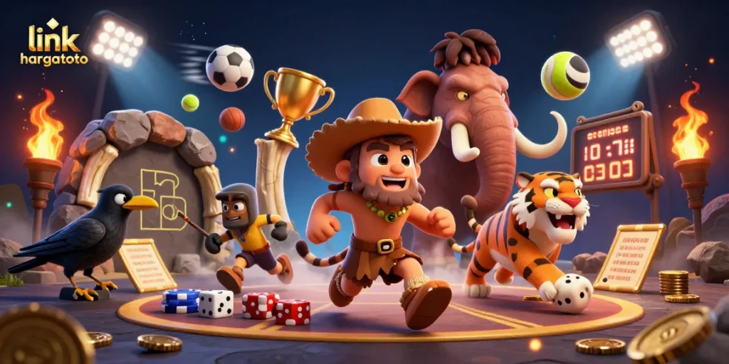 Experience the thrills of gaming with link hargatoto at this vibrant prehistoric casino illustration featuring classic sports elements.