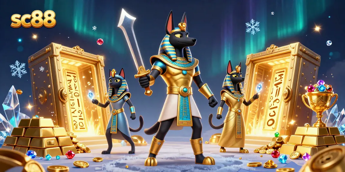 sc88 casino scene featuring Anubis and Bastet amidst treasure and jewels