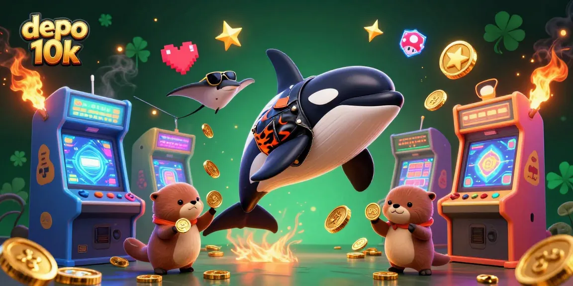 Engage in exciting gameplay with depo 10k, featuring vibrant characters like an orca and otters amidst colorful casino elements.