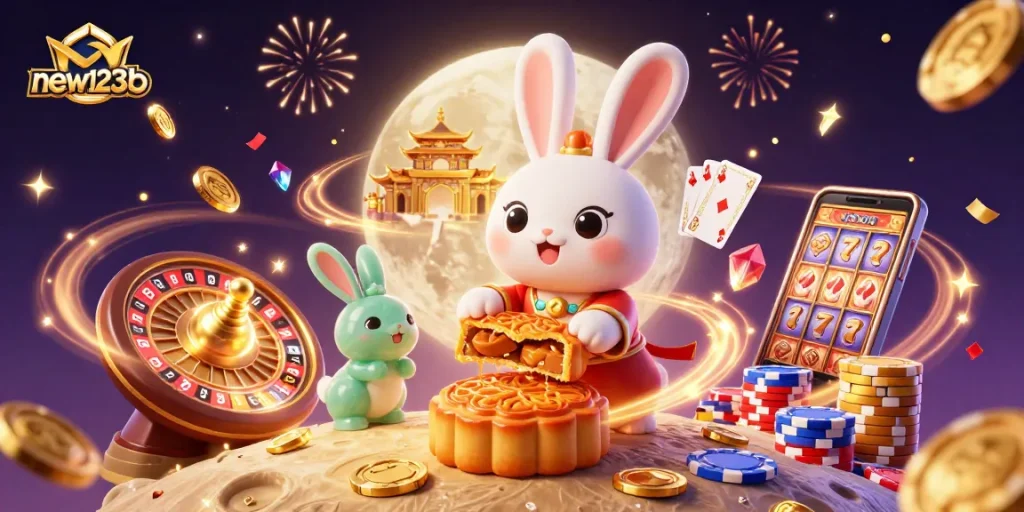 Engage with new123b and uncover hidden poker chips in golden mooncakes amidst a cosmic casino celebration.
