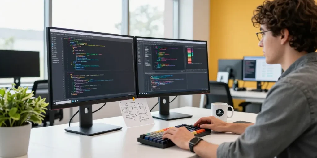 Custom Software Development Services in a modern workspace with code on screens and creative elements.