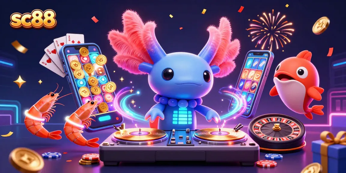 Spin to win with sc88 as the vibrant axolotl DJ grooves in a lively underwater casino scene.