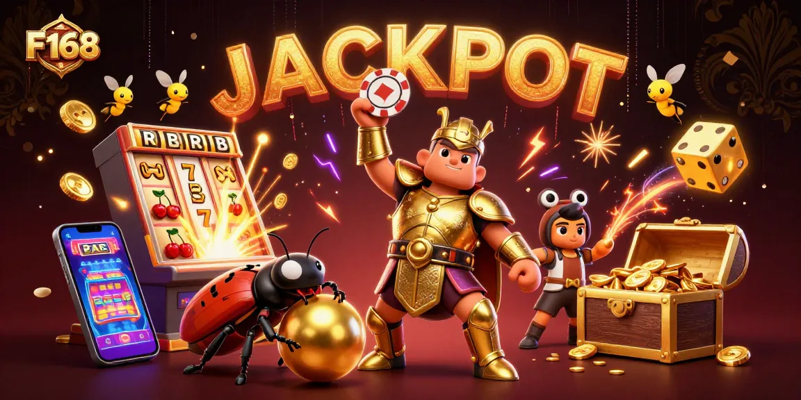 Experience the excitement at F168 with a vibrant 3D jackpot celebration featuring unique gambling elements.