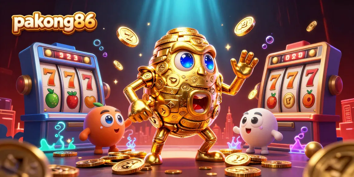 Pakong86 showcases a vibrant 3D casino scene featuring a golden golem and dynamic slot game elements.