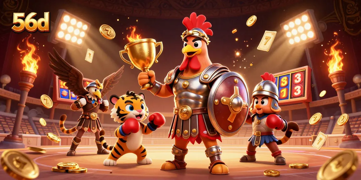 Engage with 56d's vibrant slots experience featuring a gladiator rooster in a dynamic scene.